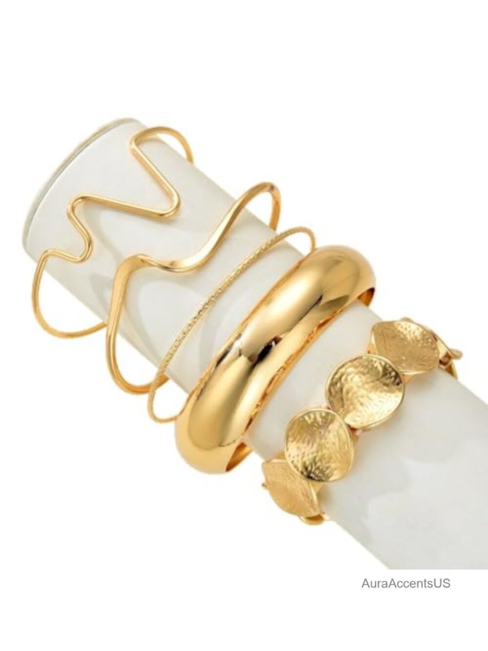 5 Pc Gold Plated Cuff Bracelet Set Stackable Bangles for Women Jewelry